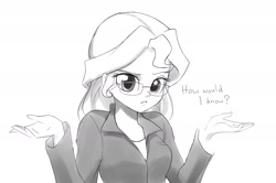 Size: 1977x1314 | Tagged: safe, artist:twilite-sparkleplz, sunset shimmer, equestria girls, clothes, dialogue, glasses, looking at you, monochrome, shrug, shrugset shimmer, solo