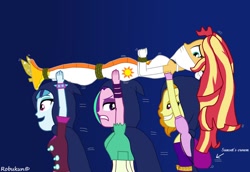 Size: 1024x704 | Tagged: safe, artist:robukun, adagio dazzle, aria blaze, sonata dusk, sunset shimmer, equestria girls, bondage, cloth gag, gag, kidnapped, story in the source, the dazzlings