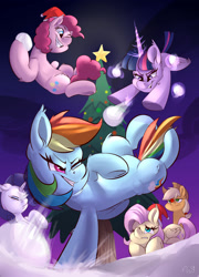 Size: 1800x2500 | Tagged: safe, artist:passigcamel, derpibooru import, applejack, fluttershy, pinkie pie, rainbow dash, rarity, twilight sparkle, twilight sparkle (alicorn), alicorn, earth pony, pegasus, pony, unicorn, applejack's hat, christmas, christmas tree, cowboy hat, female, hat, holiday, mane six, mare, one eye closed, red nose, snow, snowball, snowball fight, tree, winter