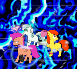 Size: 1500x1337 | Tagged: safe, artist:lamia, apple bloom, scootaloo, sweetie belle, cutie mark crusaders, gun, parody, phantasy star, sword, trippy, wand