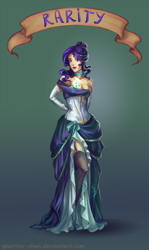Size: 476x800 | Tagged: safe, artist:sparrow-chan, rarity, human, boobie mark, cleavage, clothes, corset, dress, female, garter belt, hair bun, humanized, light skin, off shoulder, old banner, solo, stockings