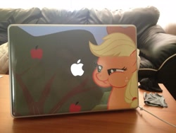 Size: 2448x1836 | Tagged: safe, applejack, earth pony, pony, mac, macbook, num, sticker, visual pun