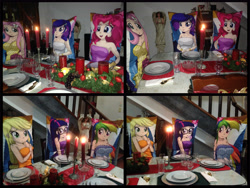 Size: 6528x4900 | Tagged: safe, derpibooru import, applejack, fluttershy, pinkie pie, rainbow dash, rarity, twilight sparkle, human, absurd resolution, armpits, candle, humanized, mane six, pillow, waifu dinner