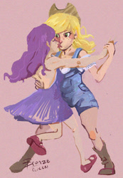 Size: 692x1000 | Tagged: safe, artist:bronzequeen, applejack, rarity, clothes, dancing, dress, female, humanized, lesbian, rarijack, shipping, square dance