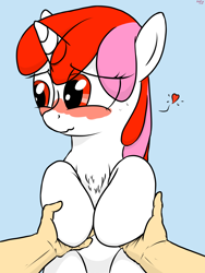 Size: 3072x4096 | Tagged: safe, artist:littlenaughtypony, oc, oc only, oc:righty tighty, pony, unicorn, blushing, chest fluff, cute, hand, heart, holding hooves, hoof hold, looking down, smiling