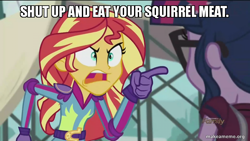 Size: 800x450 | Tagged: safe, edit, edited screencap, screencap, sci-twi, sunset shimmer, twilight sparkle, equestria girls, friendship games, aqua teen hunger force, caption, image macro, meme, sunset yells at twilight