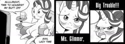 Size: 1200x424 | Tagged: safe, artist:k-nattoh, starlight glimmer, pony, unicorn, alcohol, beer, blushing, comic, food, lazy, popcorn, sofa, television, translation