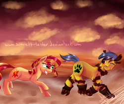 Size: 1032x867 | Tagged: safe, artist:scarlett-letter, sunset shimmer, oc, pony, beach, chase, commission, duo, looking back, running, sunset, wink