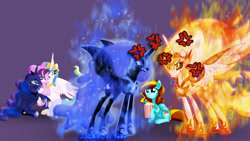 Size: 1920x1080 | Tagged: safe, artist:jucamovi1992, daybreaker, nightmare moon, princess celestia, princess luna, starlight glimmer, oc, alicorn, pegasus, pony, unicorn, a royal problem, female, food, gritted teeth, looking at each other, mare, popcorn, rivalry, royal sisters