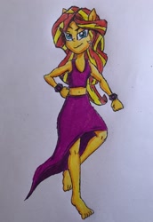 Size: 1998x2898 | Tagged: safe, artist:bozzerkazooers, sunset shimmer, equestria girls, barefoot, belly button, clothes, eqg giants, feet, midriff, ponied up, skirt, solo, tanktop, traditional art