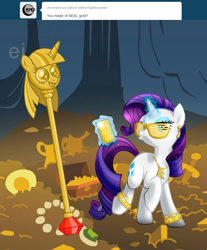 Size: 800x967 | Tagged: safe, artist:asktwilightscepter, artist:scorchie-critter, rarity, pony, unicorn, princess twilight sparkle (episode), season 4, ask, asktwilightscepter, bracelet, cave, duckface, gold, iphone, magic, necklace, pile, pimp cane, solo, swag, treasure, tumblr, twilight scepter