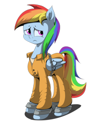 Size: 768x1024 | Tagged: safe, artist:frenkieart, derpibooru import, rainbow dash, pegasus, pony, bound wings, chains, clothes, cuffs, prison outfit, prisoner rd, sad, shackles, solo