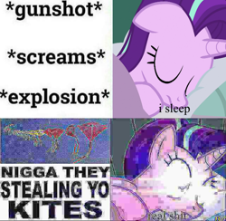 Size: 640x624 | Tagged: safe, starlight glimmer, pony, unicorn, bed, deep fried meme, eyes closed, female, floppy ears, glowing eyes, glowing eyes meme, i sleep, kite, mare, meme, needs more jpeg, nigga, pillow, shaquille o'neal, sleeping, solo, that pony sure does love kites, vulgar