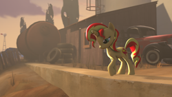 Size: 1024x576 | Tagged: safe, artist:oc1024, sunset shimmer, pony, unicorn, 3d, building, sad, shadow, solo, source filmmaker, tank (container), truck, windmill