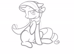 Size: 2272x1690 | Tagged: safe, artist:b-epon, rarity, pony, unicorn, bedroom eyes, clothes, fabulous, floppy ears, looking at you, monochrome, scarf, sitting, sketch, smiling, solo, wip