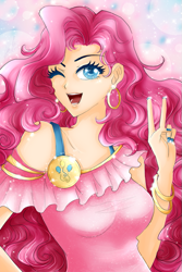 Size: 533x800 | Tagged: safe, artist:wickedz, pinkie pie, clothes, female, humanized, smiling, solo