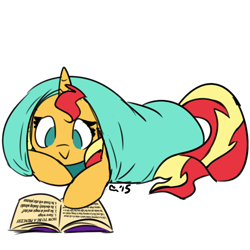 Size: 960x960 | Tagged: artist needed, safe, sunset shimmer, pony, unicorn, equestria girls, life is a runway, :>, blanket, blanket burrito, book, cute, female, how to be a princess, mare, no pupils, shimmerbetes, simple background, solo, white background