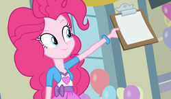 Size: 1184x685 | Tagged: safe, edit, pinkie pie, equestria girls, balloon, bracelet, clipboard, jewelry, paper, solo, template