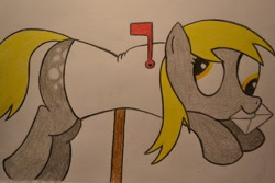 Size: 1024x683 | Tagged: safe, artist:ghostofwar909, derpy hooves, pegasus, pony, derpy inside a mailbox, female, mail, mailbox, mare, mouth hold, solo, traditional art