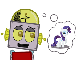 Size: 500x393 | Tagged: safe, rarity, pony, robot, unicorn, ask, crossover, female, lidded eyes, mare, raised hoof, robot jones, simple background, thought bubble, whatever happened to robot jones, white background, wingding eyes