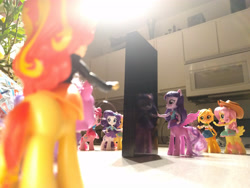 Size: 4032x3024 | Tagged: safe, applejack, fluttershy, pinkie pie, rarity, sunset shimmer, twilight sparkle, twilight sparkle (alicorn), alicorn, centaur, equestria girls, 2001: a space odyssey, centaurshy, clothes, cowboy hat, dawn of evolution, equestria girls minis, eqventures of the minis, hat, microwave, monolith, not salmon, reflection, skirt, stetson, story in the comments, wat