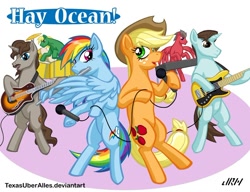 Size: 720x553 | Tagged: safe, artist:texasuberalles, applejack, rainbow dash, earth pony, pegasus, pony, unicorn, ashleigh ball, background pony, bass guitar, david beckingham, david vertesi, drums, flute, guitar, hat, hey ocean, hey ocean!, keyboard, looking at you, microphone, musical instrument, ponified, pun, wing hands