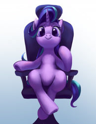 Size: 1400x1800 | Tagged: safe, artist:luciferamon, starlight glimmer, pony, unicorn, :>, chair, cute, female, glimmerbetes, gradient background, looking at you, mare, sitting, smiling, solo, underhoof