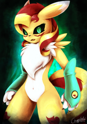 Size: 559x800 | Tagged: dead source, safe, artist:chipflake, sunset shimmer, anthro, chest fluff, crossover, digimon, looking at you, renamon, solo, species swap