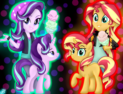 Size: 1900x1450 | Tagged: safe, artist:liniitadash23, starlight glimmer, sunset shimmer, pony, unicorn, equestria girls, mirror magic, spoiler:eqg specials, beanie, clothes, female, food, hat, ice cream, jacket, looking at you, mare, missing cutie mark, raised hoof, shirt, vest