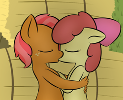 Size: 800x650 | Tagged: safe, artist:lamia, apple bloom, babs seed, anthro, earth pony, applecest, appleseed, cousin incest, eyes closed, female, freckles, hand, hay, hay bale, incest, kissing, lesbian, shipping, suddenly hands