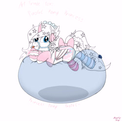 Size: 6000x6000 | Tagged: safe, artist:littlenaughtypony, oc, oc only, oc:pastel princess, bat pony, pony, absurd resolution, balloon, balloon sitting, bow, clothes, socks, stars, striped socks, tongue out