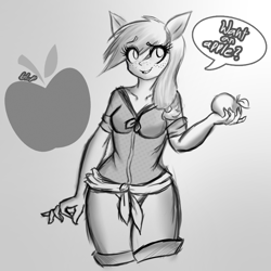 Size: 813x812 | Tagged: safe, artist:blup-chan, applejack, anthro, earth pony, apple, dialogue, human facial structure, monochrome, solo, standing