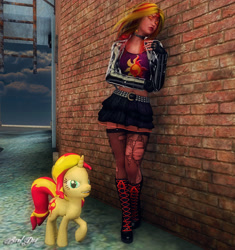 Size: 3663x3900 | Tagged: safe, artist:axel-doi, sunset shimmer, pony, 3d, 3d coat, belt, boots, choker, clothes, eyes closed, human ponidox, jacket, midriff, poser pro, sexy, short skirt, side by side, signature, skirt, stockings, tanktop, torn clothes, wall