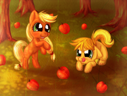 Size: 1924x1464 | Tagged: safe, artist:buizel149, applejack, braeburn, earth pony, pony, apple, bipedal, colt, cousins, cute, duo, eyes on the prize, filly, floppy ears, licking lips, prone, rearing, smiling, tongue out, younger