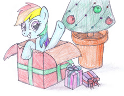 Size: 1280x990 | Tagged: safe, artist:m.w., derpibooru import, rainbow dash, pegasus, pony, christmas, christmas tree, cute, female, hearth's warming, holiday, mare, present, simple background, smiling, solo, traditional art, tree, waving, white background