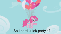 Size: 640x360 | Tagged: safe, edit, edited screencap, screencap, pinkie pie, earth pony, pony, griffon the brush off, balloon, image macro, solo, text, then watch her balloons lift her up to the sky