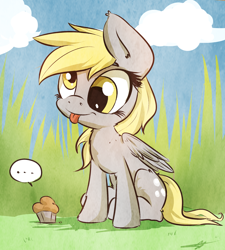 Size: 1800x2000 | Tagged: safe, artist:kyodashiro, derpy hooves, pegasus, pony, ..., cloud, cloudy, cute, derpabetes, ear fluff, female, grass, mare, muffin, sitting, smiling, solo, speech bubble, tongue out