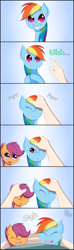 Size: 1296x4371 | Tagged: safe, artist:blinkingpink, derpibooru import, rainbow dash, scootaloo, human, pony, :3, behaving like a cat, best pony, cute, cutealoo, dashabetes, eyes closed, hand, heartwarming, hug, looking at you, never doubt blaa6 involvement, open mouth, petting, pony simulator, scootalove, smiling