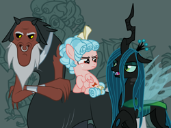 Size: 1600x1200 | Tagged: safe, artist:squipycheetah, cozy glow, lord tirek, queen chrysalis, centaur, changedling, changeling, changeling queen, pegasus, pony, the ending of the end, argument, bow, crossed arms, crown, female, filly, floppy ears, former queen chrysalis, freckles, frown, glare, hair bow, horn, jewelry, karma, legion of doom, legion of doom statue, looking back, looking down, male, nose piercing, nose ring, petrification, piercing, raised hoof, regalia, shackles, sitting, spread wings, transparent wings, trio, unhappy, wings