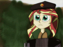 Size: 1016x760 | Tagged: safe, artist:sunnyblam, sunset shimmer, equestria girls, accordion, beret, dat face soldier, get, musical instrument, remove kebab, solo