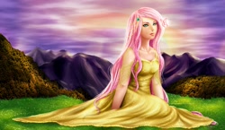 Size: 2025x1173 | Tagged: safe, artist:sanctinel, fluttershy, butterfly, beautiful, clothes, dress, humanized, paint tool sai, solo