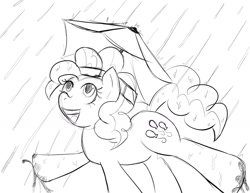 Size: 1280x990 | Tagged: safe, artist:sweethd, pinkie pie, earth pony, pony, hat, monochrome, rain, solo, umbrella hat