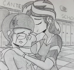 Size: 3109x2958 | Tagged: safe, artist:missmayaleanne, sci-twi, sunset shimmer, twilight sparkle, equestria girls, canterlot high, clothes, crying, female, lesbian, lockers, monochrome, nuzzling, scitwishimmer, shipping, sunsetsparkle, traditional art