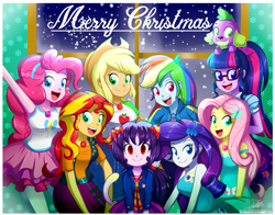 Size: 1660x1300 | Tagged: safe, artist:the-butch-x, derpibooru import, applejack, fluttershy, pinkie pie, rainbow dash, rarity, sci-twi, sunset shimmer, twilight sparkle, oc, oc:cassey, dog, better together, equestria girls, christmas, clothes, equestria girls-ified, happy, holiday, looking at you, magical geodes, open mouth, smiling, snow, winter