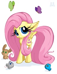 Size: 775x1000 | Tagged: safe, artist:lillykitten, fluttershy, bird, butterfly, mouse, pegasus, pony, rabbit