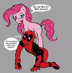 Size: 1758x1776 | Tagged: safe, artist:soulveiwinterfall, pinkie pie, earth pony, human, pony, crossover, deadpool, deadpool is best pony, drunk, duo, gray background, ponies riding humans, riding, simple background