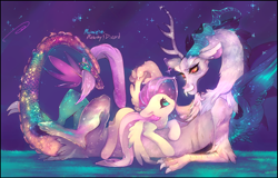 Size: 1024x655 | Tagged: safe, artist:mujinai, discord, fluttershy, draconequus, pegasus, pony, discoshy, eye contact, female, looking at each other, male, mare, prone, shiny, shipping, smiling, sparkles, spread wings, straight, wings