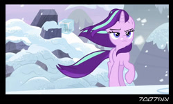 Size: 1288x778 | Tagged: safe, edit, edited screencap, editor:teren rogriss, screencap, queen chrysalis, starlight glimmer, changeling, changeling queen, pony, unicorn, the ending of the end, female, frozen, ice, ice cube, snow, ultimate chrysalis