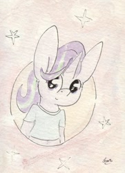 Size: 692x956 | Tagged: safe, artist:slightlyshade, starlight glimmer, anthro, unicorn, belly button, big ears, bust, clothes, midriff, shirt, short shirt, smiling, solo, stars, traditional art