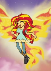 Size: 2290x3206 | Tagged: safe, artist:bratzoid, sunset shimmer, equestria girls, my past is not today, rainbow rocks, cute, fiery shimmer, fiery wings, flying, happy, microphone, singing, smiling, solo, sunset phoenix